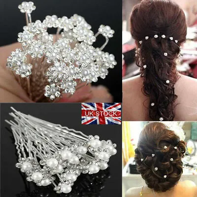 10 X Wedding Bridal Prom Diamante And White Faux PEARLS Flower Hair Pins UK • £3.75