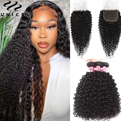 UNice Malaysian Curly Human Hair Extensions 3 Bundles With Lace Closure Weave US • $176.22