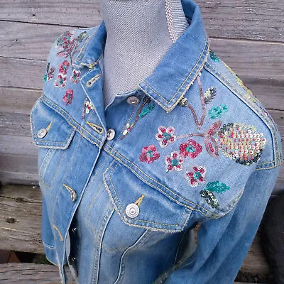 Zara Floral Sequin Cropped Denim Jean Jacket Women's XS NWT • $25