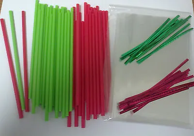 50 X 150mm 6  RED & GREEN CHRISTMAS CAKE POP LOLLIPOP KIT WITH BAGS & TWIST TIES • £5.70