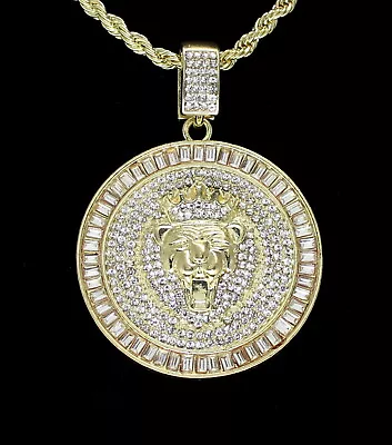 Mighty Lions Head Men's Iced CZ Round Pendant 24  Rope Chain 14k Gold Plated  • $9.45