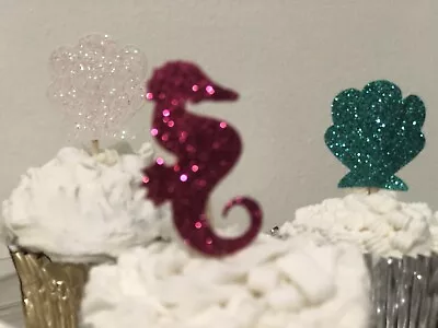 24Pcs Cupcake Topper Party Decor Multicolor Mermaid Sea Shell Horse Glitter Sand • $14.99