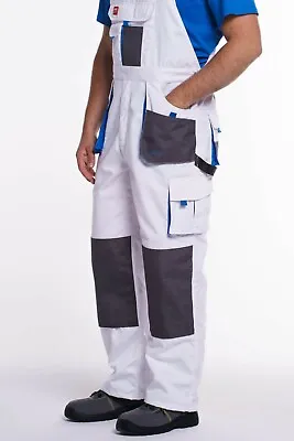 Mens Dungarees Overalls Painters Trousers Workwear White-Blue Knee Pads Pocket • £26.50