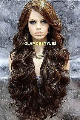 Lace Front Full Wig Extra Long Wavy Layered Side Part Brown Blonde Mix Heat Ok • $79.95