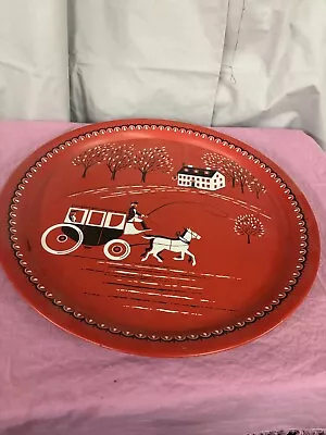 Vintage Red Metal Serving Tray Horse Buggy Carriage Colonial 16  MCM Wall Decor • $9.99