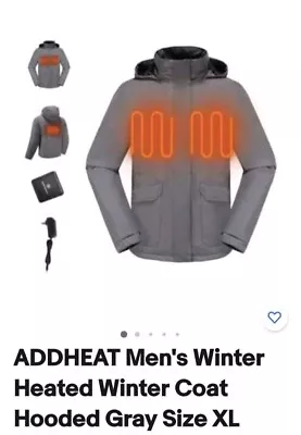 ADDHEAT Winter Heated Jacket -Men’s Gray Size XL Heating Full Zip Coat New • $40