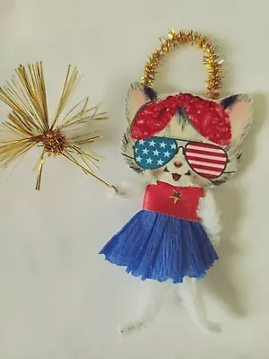 Retro Vintage Style Patriotic Ornament Kitty 4th Of July Memorial Day Sparkler • $8