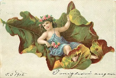 C1902 German Art Postcard 3058 Fairy/ Cupid/ Nature Spirit? Reclines In Oak Leaf • $15.99