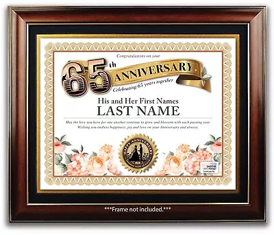 PERSONALIZED HAPPY 65th WEDDING ANNIVERSARY CERTIFICATE - Flowers Roses GIFT • £14.24