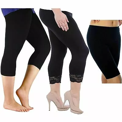 Women's Ladies 3/4 Cropped Lace Leggings Comfy Ladies Casual Pants Plus Sizes UK • £4.99