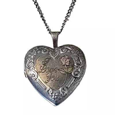 Vintage Sterling Silver Heart Locket With Flower Says  I Love You  • $39