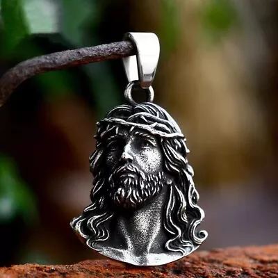 Men's Silver Jesus Christ Face Pendant Lord's Prayer Necklace Stainless Steel • $11.99