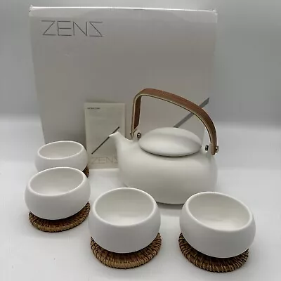 ZENS Ceramic Teapot With Infuser Wood Handle 27 Oz Teapot 4 Cups 4 Coasters (V) • £17.31