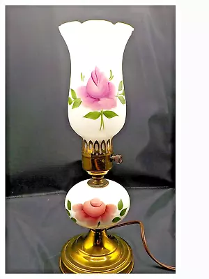 Vintage Milk Glass Hand Painted Pink Floral Hurricane Boudoir Lamp Cottagecore • $30