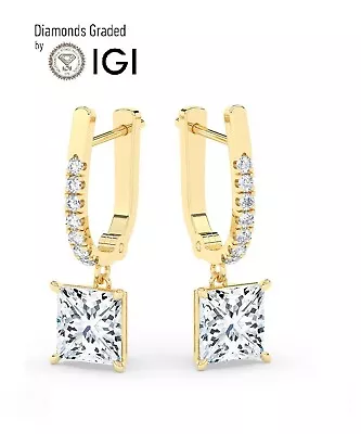 IGI4.00 CT Solitaire Lab-Grown Princess Diamond Hoops Earring 18K Yellow Gold • £2250