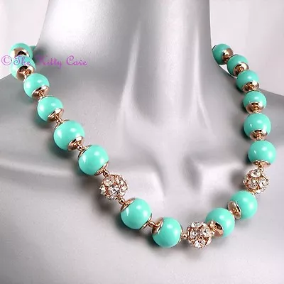 Chic Mint Turquoise Bubble Bead & Crystal Gold Toggle Collar Statement Necklace • $20.95