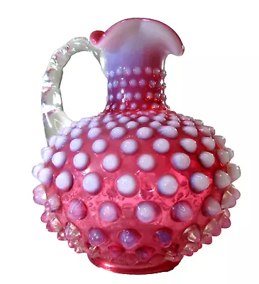 Vintage FENTON Cranberry Opalescent Hobnail Cruet 5  Art Glass Pink White GOOD • $44