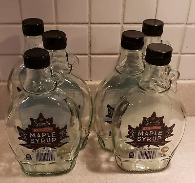 MAPLE Syrup EMPTY 6 Glass Bottles 12.5oz 370mL Loop Handle Plastic Caps USED • $17