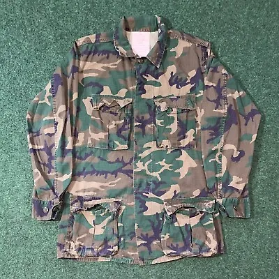 Vintage 80s US Army Jacket Mens Small Long Woodland Camo Combat Hot Weather Coat • $29.99