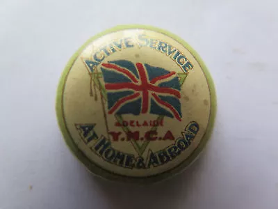 World War I Tinnie Badge Ymca Adelaide Active Service Home & Abroad Brit Flag   • $23