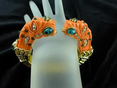 $214.99 • Buy Kenneth Jay Lane KJL Coral Jeweled Royal Chinese Foo Dog Dragon Cuff Bracelet