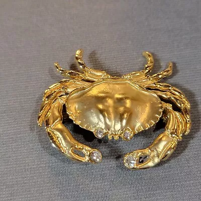 Crab Brooch Gold Tone Rhinestones Textured Beach Ocean Tropical Pin Nautical  • £11.57