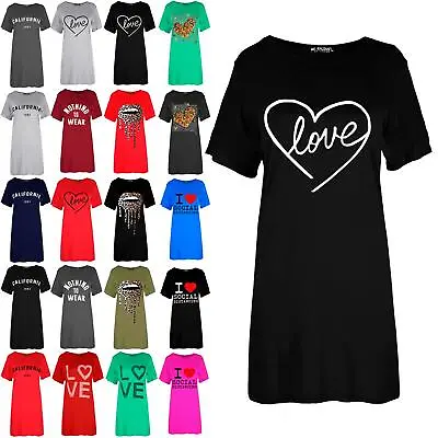 Womens Ladies Love Heart Printed Loose Fit Baggy Oversized Tunic T-Shirt Dress • £5.99