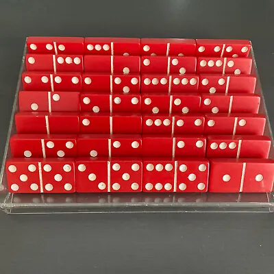 Crisloid Red Bakelite Dominoes Vintage In Original Plastic Box 28 Pieces • $80