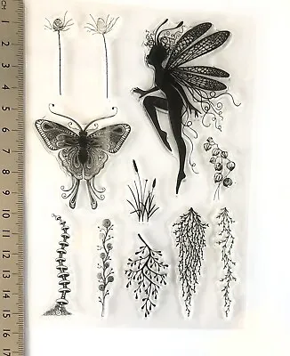 £5.99 • Buy Clear Rubber Stamp Girl Butterfly Sparkle Wing Dandelion Flower Magic Background