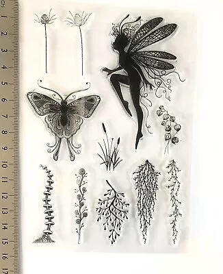 £5.99 • Buy Clear Rubber Stamp Girl Butterfly Sparkle Wing Dandelion Flower Magic Background
