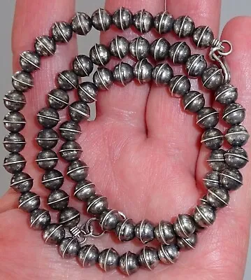 18  6mm NAVAJO PEARL NECKLACE Vintage Dark STERLING SILVER Old Pawn BENCH BEAD • $76