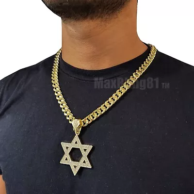 Iced Cubic Zirconia Gold Plated Star Of David Charm & 10mm Cuban Chain Necklace • $23.99