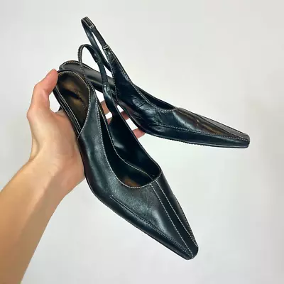 Karen Scott - Black Leather Slingback Kitten Heels Size 5.5 • $40