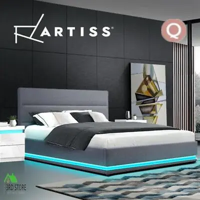 $316.80 • Buy Artiss RGB LED Bed Frame Queen Size Gas Lift Base With Storage Grey Fabric LUMI