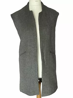 Warehouse Grey Sleeveless Wool Blend Long Waistcoat Gilet With Pockets Small VGC • £19.99