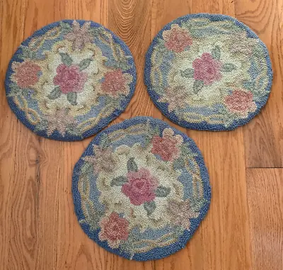 3 Vintage 15” Hooked Rag Rug Seat Cushion Chair Pads Floral Primitive Folk Art • £28.71