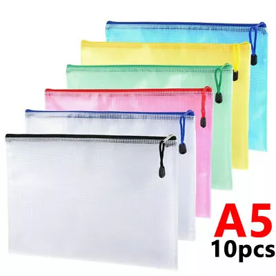 10x A5 Plastic Wallet Pocket Storage File Bags Paper Document Zip Mesh Folder • £6.89