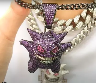 Pokemon Iced Out Pendant Diamond Gengar Silver Gold 14k Chain U.K SELLER • £14.99