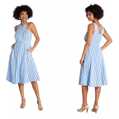 Emily & Fin ModCloth Good Times And Shorelines A-Line Dress Blue Striped Large • $39.99