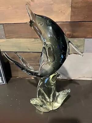 Large Murano Italian Made Hand Blown Gray Dolphin Glass Sculpture 13” • $59.99