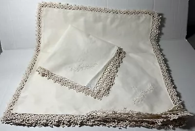 4 Vintage Beige Linen Diner Napkins Embroidered 16 X16  Crochet Lace Finish New • $16.99