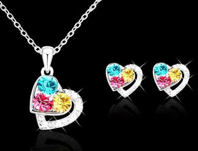 £3.99 • Buy Womens Double Heart Crystal Jewellery Set Silver Necklace Earrings And Pendant