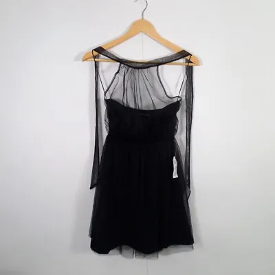 Miss Selfridge UK6 Mini Dress A-Line Mesh Neck Tie Black Partywear Prom Womens  • £14.99