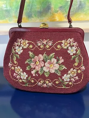 Floral Needlepoint Embroidery Carpet Bag Purse Burgundy Mary Poppins Vtg 50s 60s • $199.50