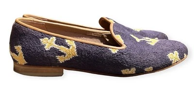 $37.50 • Buy ZALO Navy Blue Yellow Anchors Needlepoint Flats Slip On Shoes Leather Trim 6.5 M