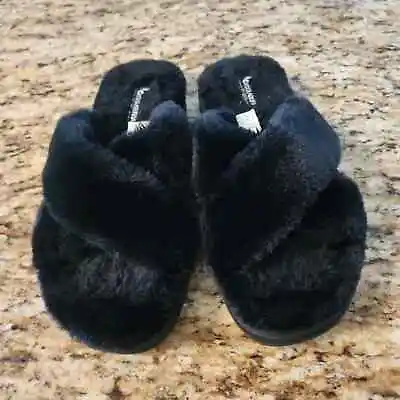 KOOLABURRA BY UGG WOMEN'S BLACK BALLIA SLIDE SLIPPERS SIZE 8 Furry • $22