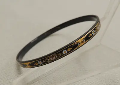 Michaela Frey Enameled Black Floral Signed Bangle EARLIER Piece Delicate 3/8  • $29.99