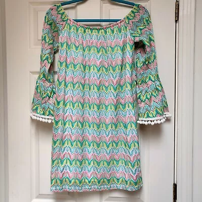 NWT VaVa By Joy Han Off Shoulder Chevron Dress  Size Small Sundress Pom Poms • $10