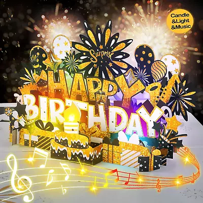 Birthday Card | Musical Pop Up Birthday Cards W Light | Blow Out LED Light Candl • $37.99