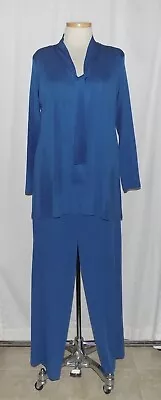 Misook 2pc Blue Acrylic Knit Tie Neck L/S Pullover Top & Pull-On Pants Outfit L • $59.99